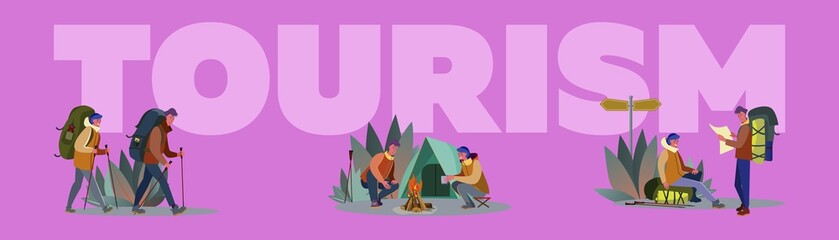 Fototapeta premium Travel outdoors set. Couple of tourists trekking, hiking, camping, autumn landscape. Flat vector illustrations. Adventure tourism, nature, fall concept for banner, website design or landing web page