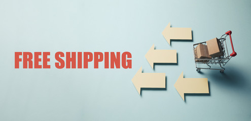 Products in a grocery cart are delivered quickly to customers. Free shipping concept.