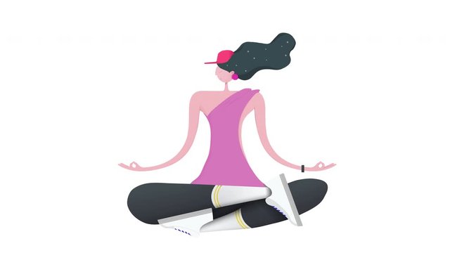 Seamless loop. 4 different color variations of a girl floating in the air in lotus position. 2D flat animation isolated on white background with alpha luma matte 4k.