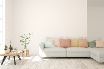 White living room with sofa. Scandinavian interior design. 3D illustration