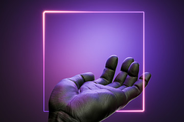Human Hand Stretched Toward Neon Frame. Hand Illuminated by Violet Neon Lights. 3d rendering - obrazy, fototapety, plakaty