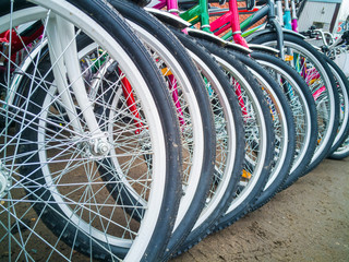 Bicycle wheels are on the market for sale.