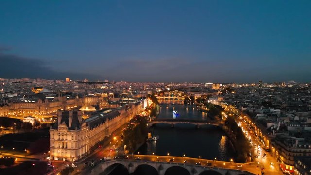 Aerial view of Paris Tour Eiffel Tower, Seine River and Tuileries Garden park at night, Paris city attractions, France 
