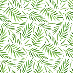 Naklejka na ściany i meble Watercolor summer branches with green leaves illustration foliage pattern