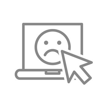Laptop with sad face line icon. Customer unsatisfaction, negative feedback symbol