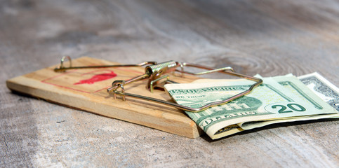 On an old board lies a mousetrap with twenty dollars. Concept - fake, scam, fraud