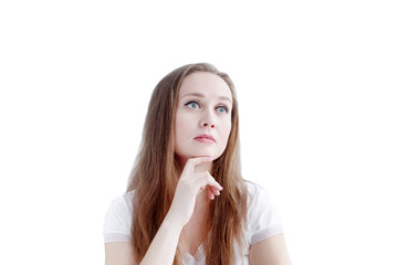 Young caucasian pensive woman with neutral calm facial expression isolated on white background