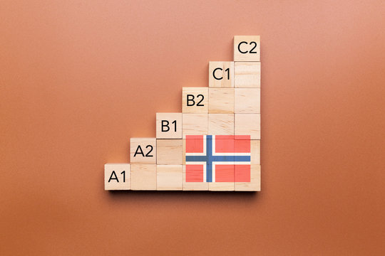 Wooden cubes with language levels, concept of learning and improvement. Norwegian language