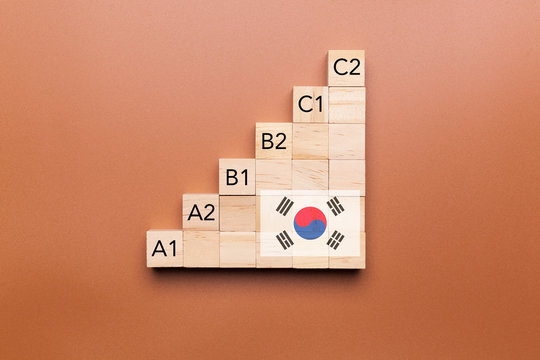 Wooden cubes with language levels, concept of learning and improvement. Korean language