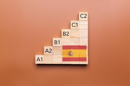 Wooden cubes with language levels, concept of learning and improvement. Spanish language