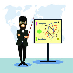 A scientist speaks to an audience. A smart professor is standing near the blackboard. Vector character of a man in a jacket and tie.