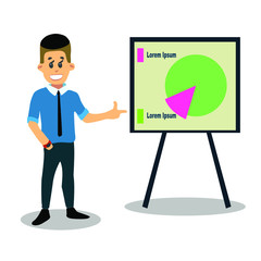 Fototapeta na wymiar Business man with presentation chart, flat animation. Happy businessman points his hand to the screen. Character of a young man in a shirt with a tie. Vector illustration.