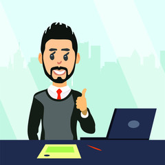Businessman is sitting in office with computer. A man shows a thumbs up. Young man in a business style with a tie. A lawyer in his office with a window view of the city with skyscrapers.