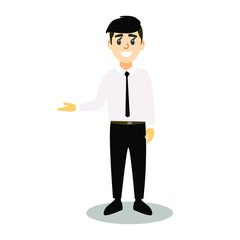Happy businessman points his hand to the side. Character of a young man in a white shirt with a tie. Vector illustration.