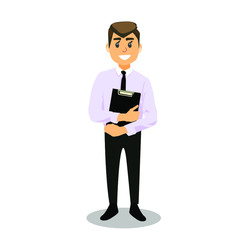 Happy manager holds a folder with documents in his hands. A businessman is standing in a white shirt with a tie.
