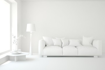 White minimalist living room with sofa. Scandinavian interior design. 3D illustration