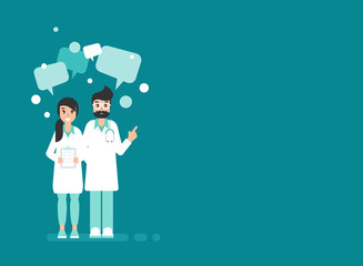 Doctors with speech chat bubbles on blue background. Medical internet consultation.