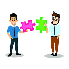 Two guys stack puzzles. Two puzzles fit together. Vector illustration of the work of a business team with puzzles.