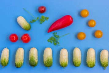 Set fresh vegetables, cucumber, tomatoes, peppers on a blue background.  Healthy food concept. Flat lay, top view.