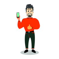 Happy man shows smartphone and gesture cool. Vector illustration in cartoon style