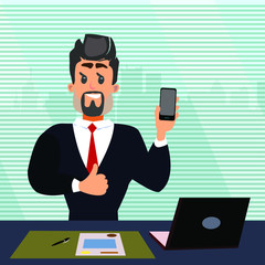 Vector character businessman in the office at the desktop with a computer. A man shows a thumbs up in a business style with a smartphone. A lawyer in his office with a window view of the skyscrapers.