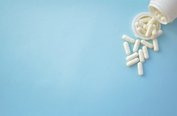 Assortment of medicinal pharmaceutical products, tablets, pills, capsules. Concept of healthcare and medicine. treatment of viruses. Space for text.