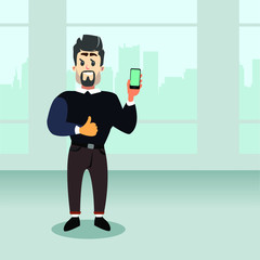 Vector illustration of a businessman in an office with a view of the city skyscrapers. Character of a strong man with a beard and mustache. Happy man shows a smartphone.