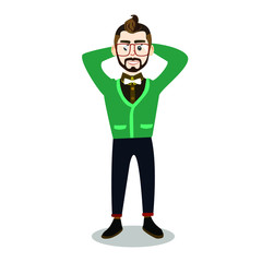 Vector illustration of a businessman. Hipster character with big glasses. Happy man holds his hands behind his head. Cheerful young man in a dark shirt with a bow-tie.
