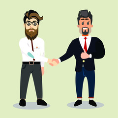 Vector character of two businessmen. Handshake of satisfied men. The conclusion of a bargain. Agreements reached in business.