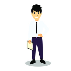 Happy man in a shirt and trousers. Young business man holds a folder and smiles. Vector Illustration.
