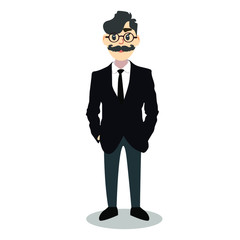 Happy man with a mustache in glasses. Businessman in a dark suit with a tie and pants. Business style clothing, smile and funny face.