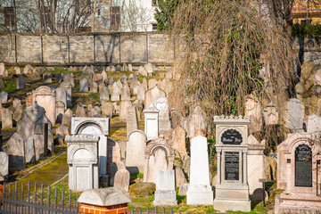 Old Jewish cemetery next to Zizkov telivision tower in Prague, Czech republic