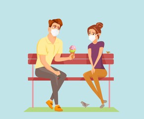 Love in Quarantine Pandemic Times Vector Illustration. Couple on a date and using surgical masks.