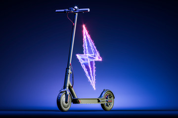 Electric Black Scooter on Blue Background Near Electric Lightning. Eco Alternative Tansport. 3d rendering © ekostsov