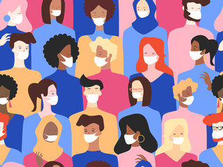Coronavirus. Novel coronavirus (2019-nCoV), people in white medical face mask. Concept of coronavirus quarantine vector illustration. Seamless pattern.