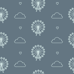 White pattern with a ferris wheel, clouds and hearts on a gray background. Suitable for decoration of stationery and textiles.