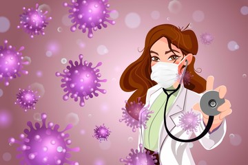 Female Doctor With Coronavirus Disease, Covid-19 Preventions, Protection Yourself And Others, Healthcare, Covid, Respiratory, Safety, Protection, Outbreak, Pathogen. Vector illustration.