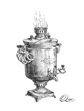 vintage samovar with bagels, steam rising clip art preview
