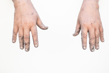 Both hands are dirty on a white background