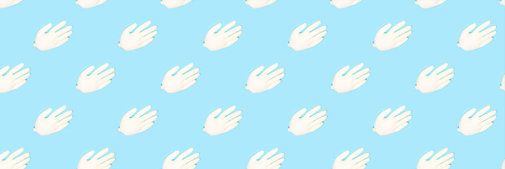 Concept of prevention from coronavirus with rubber latex gloves on blue background. Trendy seamless pattern.
