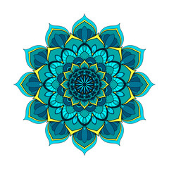 Blue and turquoise round mandala isolated on white background. Vector illustration