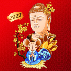Happy New Year 2020. Lunar New Year. The year of the mouse. Mouse illustration with line color art
