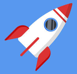 Rocket transportation equipment, destination point, logistics worldwide. Fast delivery of parcel, start-up symbol, business industry. Flying transport, spaceship equipment in flat cartoon style