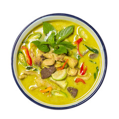 Thai food, green curry chicken isolated on white background - Top view