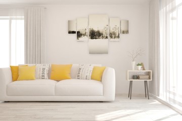 White living room with sofa. Scandinavian interior design. 3D illustration