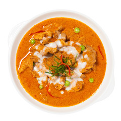 Thai red curry with Chicken isolated on white background - Top view