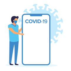 Man with medical mask holding big smart phone. Virus epidemic, global pandemic covid-19 concept. Vector modern blue colors flat illustration. 