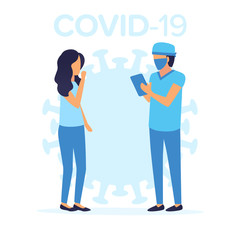Woman coughs. Doctor with mask protecting himself from covid-19 epidemic coronavirus. Virus epidemic, global pandemic concept. Flat vector blue colors illustration of quarantine. 