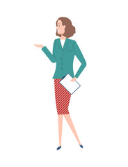 Standing business woman or head manager with short brown hairstyle wearing jacket and red skirt with turned head and raised hand vector illustration