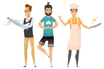 Portrait and full length view of employees, tourism manager holding plane, balancing sporty person, man in apron with egg on frying-pan, hobby vector